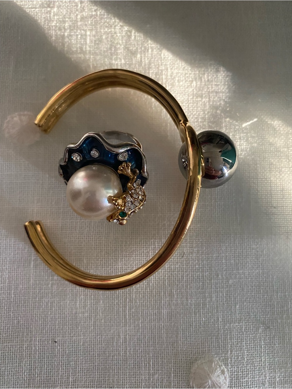 Gold Tone Pearl & Blue Statement Ring & Modern Bracelet
